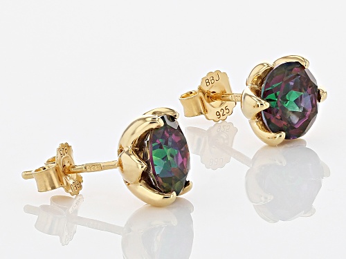 4.00CTW ROUND MYSTIC FIRE(R) GREEN TOPAZ SOLITAIRE 18K GOLD OVER STERLING SILVER STUD EARRINGS