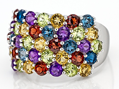 4.65ctw Round Multi-Gemstone Rhodium Over Sterling Silver Cluster Band Ring - Size 10