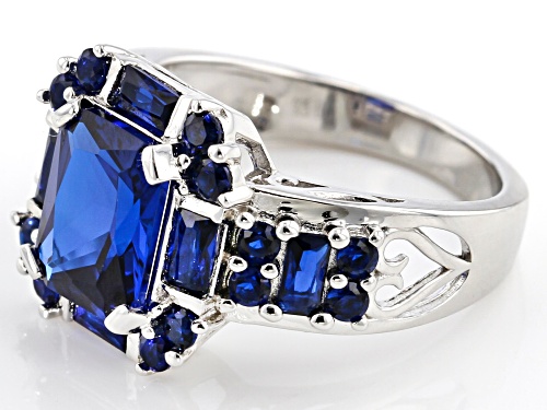 3.19ctw Rectangular, Baguette and Round Lab Created Blue Spinel Rhodium Over Silver Ring - Size 7