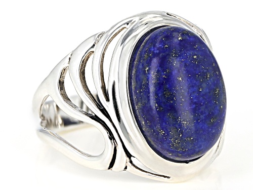 14X10MM OVAL CABOCHON LAPIS LAZULI RHODIUM OVER STERLING SILVER SOLITAIRE RING - Size 10