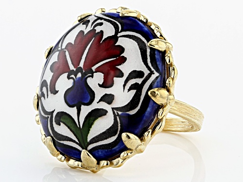 Artisan Collection of Turkey™ 18K Gold Over Silver Hand Painted Ceramic Chini Carnation Ring - Size 12