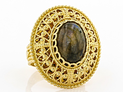 Artisan Collection of Turkey™ 14x10mm Oval Labradorite Solitaire 18K Yellow Gold Over Silver Ring - Size 8