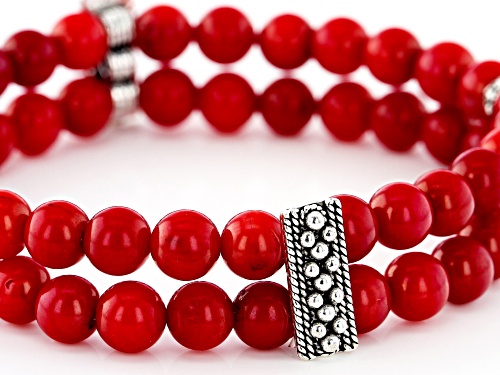 Artisan Collection Of Turkey™ 6mm Round Red Coral Sterling Silver Bed Double Strand Stretch Bracelet