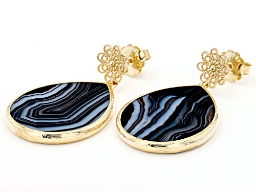Artisan Collection of Turkey™ 35x25mm Banded Black Agate 18k Yellow Gold Over Silver Earrings