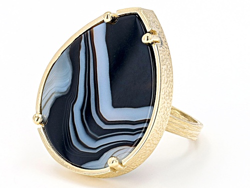 Artisan Collection of Turkey™ 25x20mm Banded Black Agate 18k Yellow Gold Over Sterling Silver Ring - Size 7