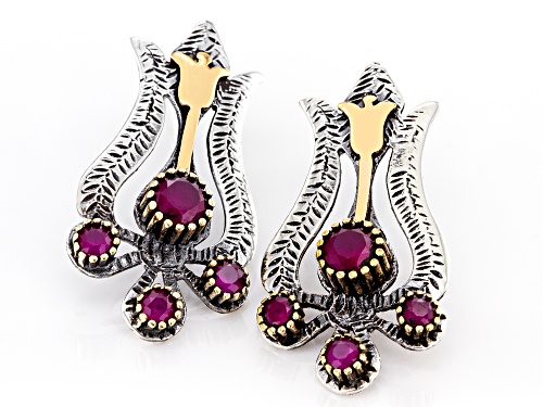 Artisan Collection of Turkey™ Lab Created Ruby Sterling Silver And Bronze Two Tone Floral Earrings