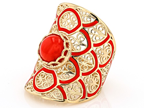 Artisan Collection of Turkey™ 8mm Red Coral & Enamel 18K Gold Over Sterling Silver Ring - Size 6