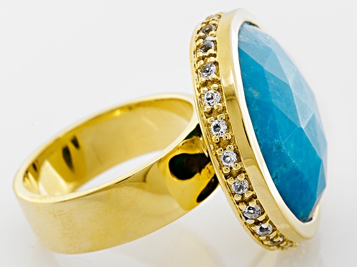 Round Kingman Turquoise W/ .07ctw White Topaz 18k Gold Over Brass Ring - Size 7