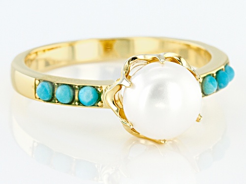 Cultured Freshwater Pearl And Sleeping Beauty Turquoise 18k Gold Over Silver Ring - Size 11