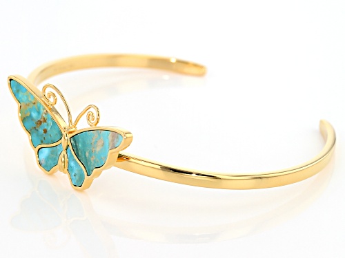 Tehya Oyama Turquoise™ Green Kingman Turquoise Inlay 18K Gold Over Silver Butterfly Cuff Bracelet - Size 8