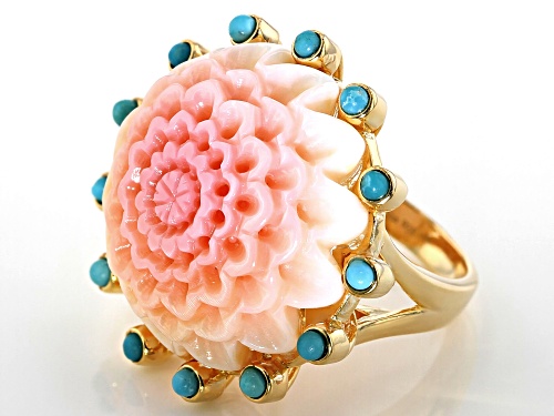 Tehya Oyama Turquoise™ Carved Corniola Shell & Sleeping Beauty Turquoise 18k Gold Over Silver Ring - Size 8