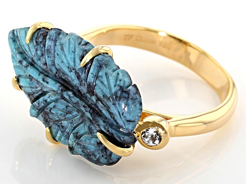 Tehya Oyama Turquoise™ Kingman Turquoise Leaf & .16ct White Topaz 18K Gold Over Silver Ring - Size 6