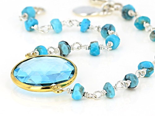 Kingman Turquoise With Blue Glass, Silver & 18K Gold Over Silver Bracelet - Size 7.5