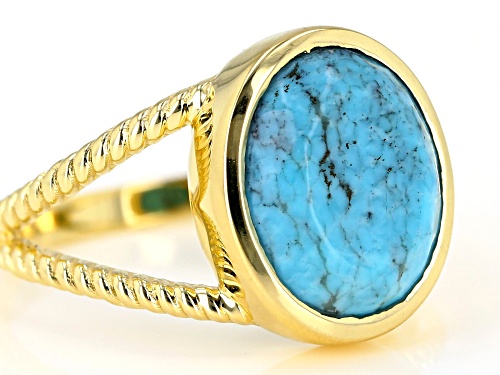 12x10mm Oval Blue Kingman Turquoise Solitaire 18K Gold Over Silver Ring - Size 9