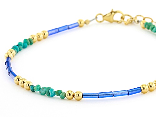 Tehya Oyama Turquoise™ Green Kingman Turquoise, Blue Glass, 18k Gold Over Silver Bead Bracelet - Size 7.5