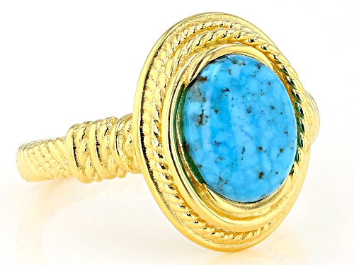 Tehya Oyama Turquoise™ 8x10mm Oval Kingman Turquoise Solitaire 18k Gold Over Silver Textured Ring - Size 9
