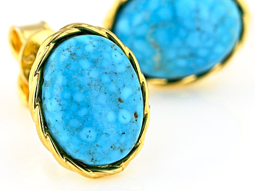 7x9mm Oval Kingman Turquoise 18k Gold Over Silver Textured Earrings