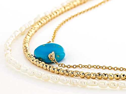 Tehya Oyama Turquoise™ Turquoise, Hematine & Cultured Freshwater Pearl 18k Gold Over Silver Necklace - Size 18