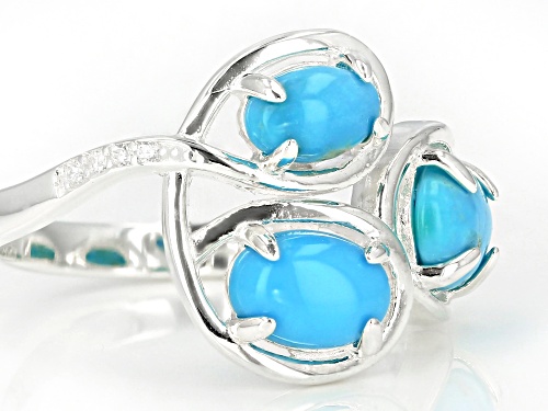 Oval Sleeping Beauty Turquoise With .01ctw Cubic Zirconia Silver 3-Stone Ring - Size 7