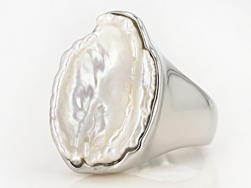 22mm Free form cabochon Mother of Pearl Rhodium Over Sterling Silver Ring - Size 6