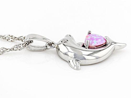Lab Created Pink Opal with White Diamond Accent Rhodium Over Silver Dolphin Pendant/Chain