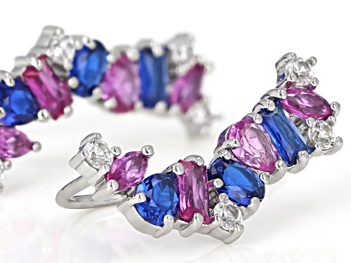 1.93ctw Lab Created Pink & White Sapphire & Lab Created Blue Spinel Rhodium Over Silver Ear Climbers