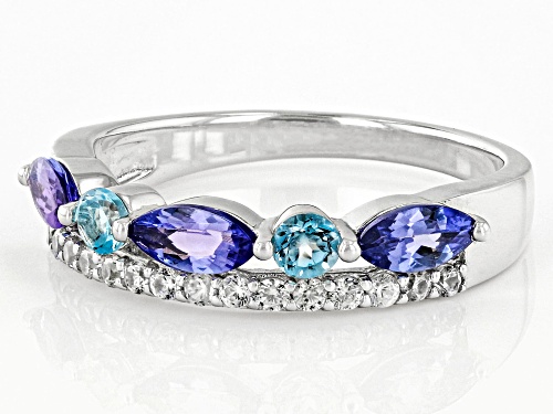 0.64ctw Tanzanite with 0.24ctw Swiss Blue Topaz and 0.27ctw White Zircon Rhodium Over Silver Ring - Size 9
