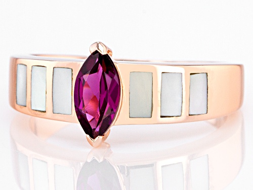 0.42ct Marquise Raspberry Color Rhodolite With Inlay Mother-Of-Pearl 18k Rose Gold Over Silver Ring - Size 7