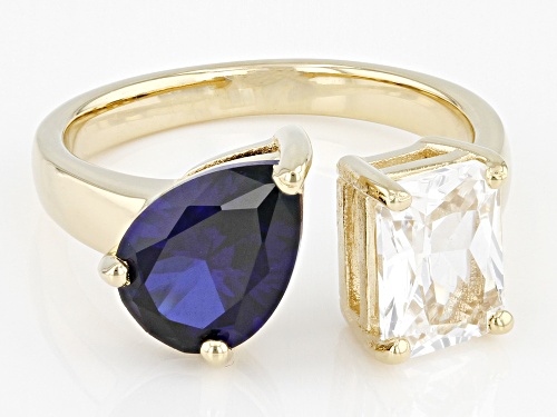 2.00ct Pear Shape Lab Blue Sapphire & 2.00ct Lab White Sapphire 18k Yellow Gold Over Silver Ring - Size 6