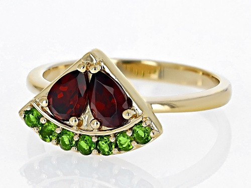 .85ctw Pear Vermelho Garnet™ With .24ctw Chrome Diopside 18k Yellow Gold Over Silver Watermelon Ring - Size 5