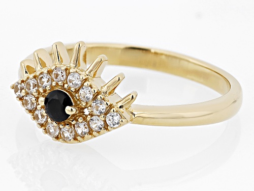 .12ct Round Black Spinel With .26ctw White Zircon 18k Yellow Gold Over Sterling Silver Evil Eye Ring - Size 6