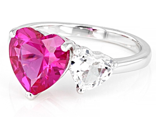 3.35ct Heart Lab Created Pink & 0.95ctw Lab White Sapphire Rhodium Over Sterling Silver 2-Stone Ring - Size 9