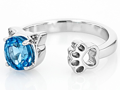 1.40ct Swiss Blue Topaz With 0.01ctw Diamond Accent Rhodium Over Sterling Silver Cat Hug Cuff Ring - Size 7