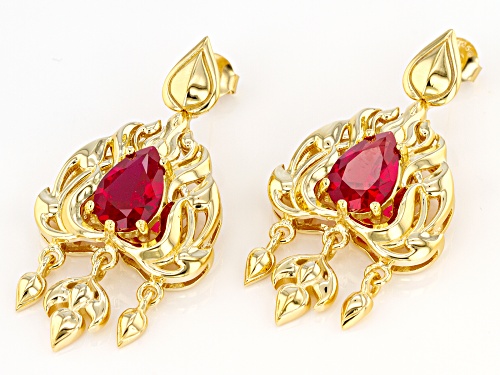 Global Destinations™ 6.81ctw Pear Shape Lab Created Ruby 18K Yellow Gold Over Silver Earrings
