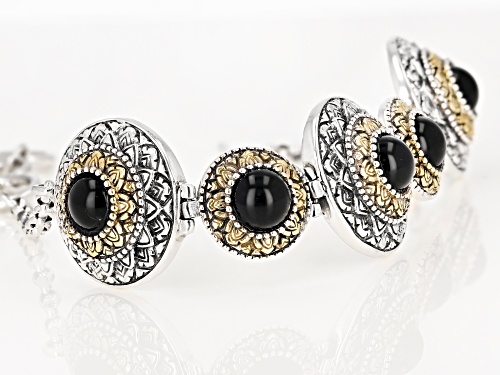 Global Destinations™ 8mm Round Black Onyx Silver & 18k Gold Over Silver Two-Tone 5-Stone Bracelet - Size 7.25