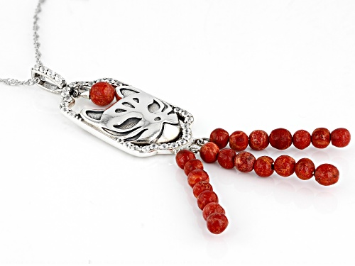 Global Destinations™ Red Sponge Coral With 0.93ctw White Zircon Silver Cat Pendant With Chain