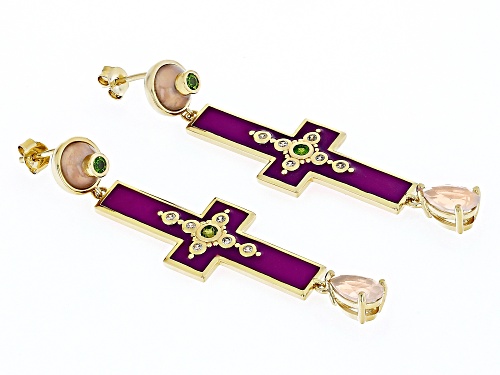 Global Destinations(TM) Rose Quartz, Zircon, Chrome, Enamel 18K Gold Over Brass Dangle Earrings