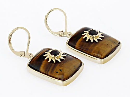 Global Destinations™ Tigers Eye and 0.41ctw Smoky Quartz 18k Yellow Gold Over Brass Sun Earrings