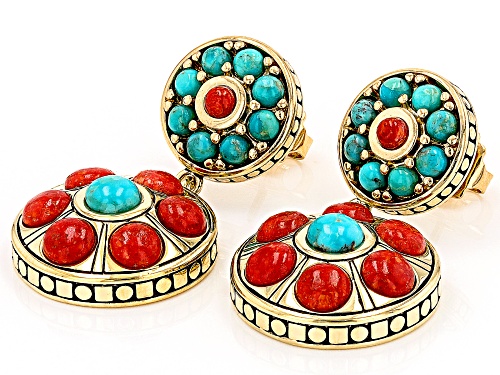 Global Destinations™ Red Sponge Coral and Turquoise 18k Yellow Gold Over Brass Earrings
