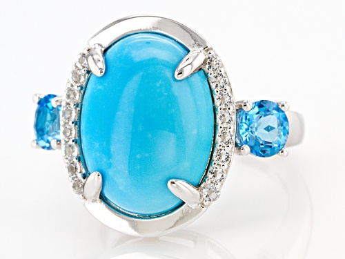 16x12mm Sleeping Beauty Turquoise With 1.00ctw Swiss Blue & White Topaz Rhodium Over Silver Ring - Size 6