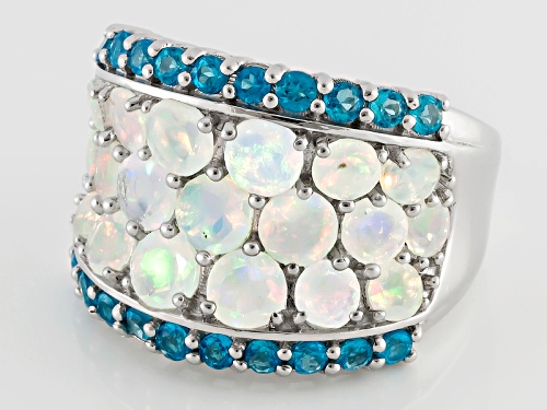1.81ctw Round Ethiopian Opal With .61ctw Round Neon Apatite Sterling Silver Ring - Size 7