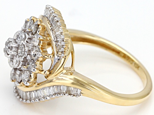 1.00ctw Round and Baguette White Diamond 10K Yellow Gold Cluster Ring - Size 5