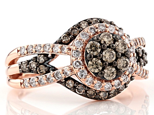 1.00ctw Round Champagne And White Diamond 10K Rose Gold Cluster Ring - Size 6