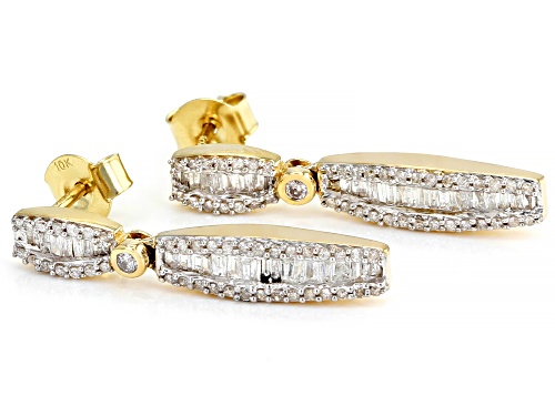 0.60ctw Baguette And Round White Diamond 10k Yellow Gold Dangle Earrings