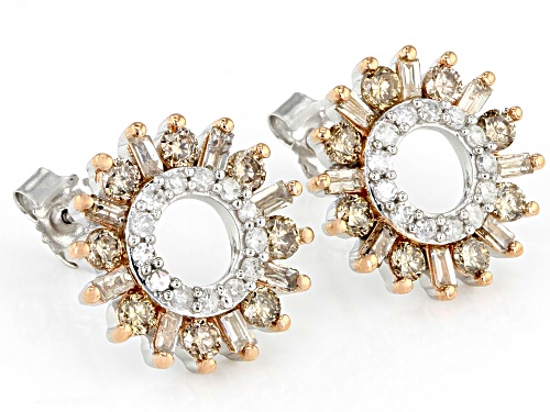 1.00ctw Round And Baguette Champagne & White Diamond 10K White Gold Cluster Earrings