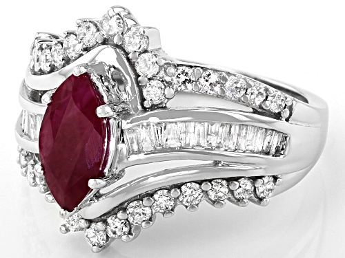 1.30ct Mozambique Ruby With 1.00ctw Round And Baguette White Diamond 10k White Gold Cocktail Ring - Size 7