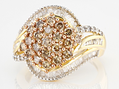 1.65ctw Round & Baguette Champagne & White Diamond 10K Yellow Gold Cluster Ring - Size 7
