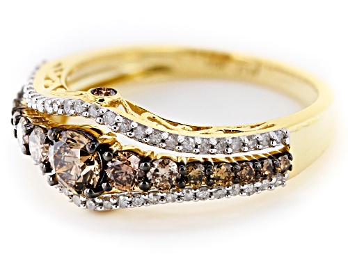 1.00ctw Round Champagne And White Diamond 10k Yellow Gold Ring - Size 8