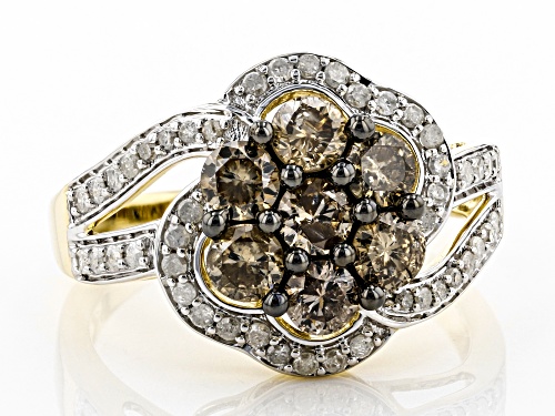 1.38ctw Round Champagne & White Diamond 10K Yellow Gold Cluster Ring - Size 8