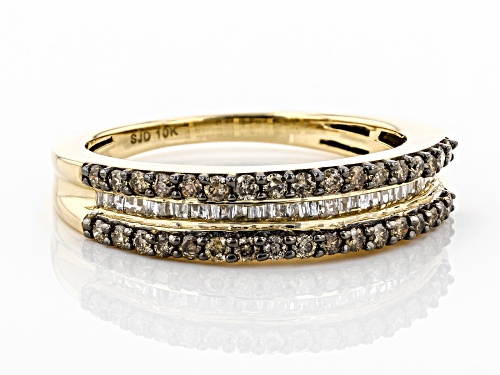 0.50ctw Round & Baguette Champagne & White Diamond 10K Yellow Gold Band Ring - Size 7